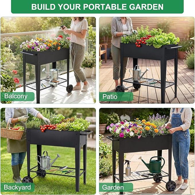 Elevated 32" Tall Raised Garden Bed with Legs and Wheels for Mobility, Metal Planter Boxes Outdoor with Shelf, Raised Bed for Gardening Vegetables/Herbs, Backyard, Patio, Balcony, Black
