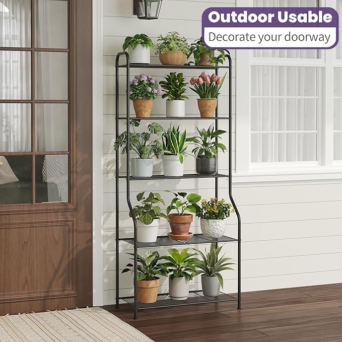 5-Tier Corner Plant Stand, Metal Black Flower Pot Rack, Indoor Outdoor Heavy Duty Shelf (Black, 5 Tier)