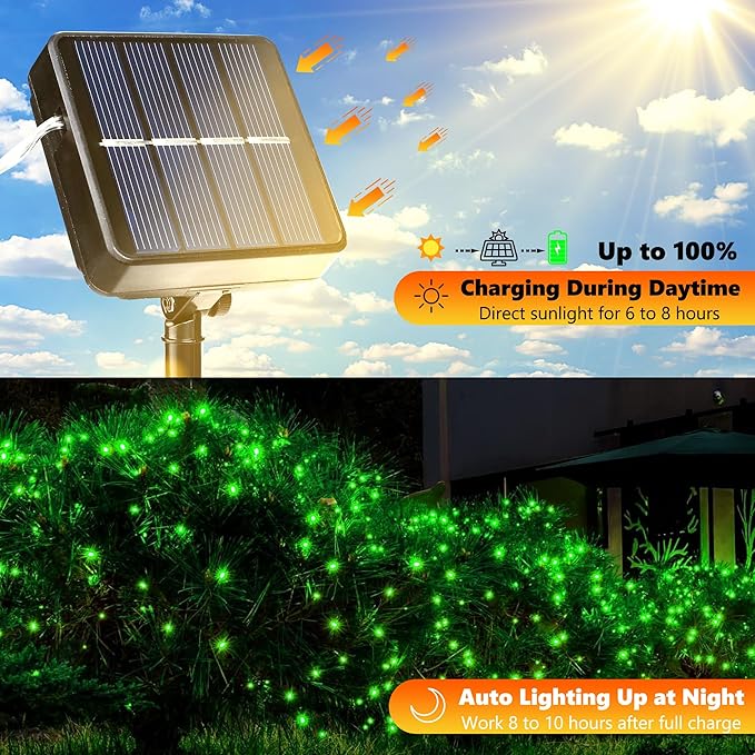 Joomer Green Solar Fairy Lights, 2-Pack Total 80FT 240LED Solar String Lights Outdoor Waterproof 8 Lighting Modes for Fence Party Garden Patio Yard Home Holiday Tree St. Patrick's Day Decoration