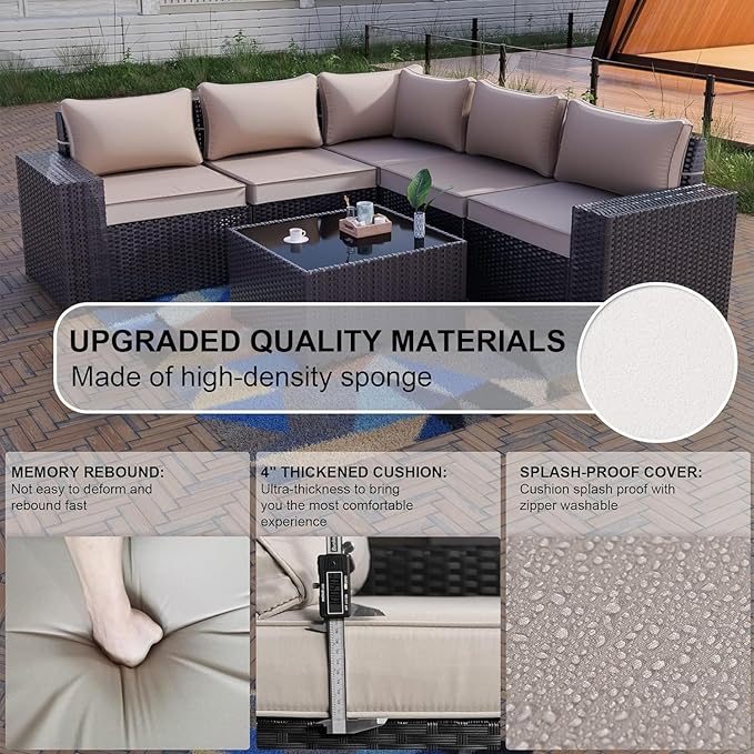 Kullavik 6PCS Outdoor Patio Furniture Set PE Wicker Rattan Sectional Sofa Patio Conversation Sets,Khaki