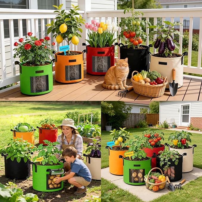15 Gallon Potato Grow Bags: Set of 5 Colorful Gardening Supplies Fabric Pots with Harvest Window Reinforced Handles - Planting Container for Vegetable Tomatoes Carrot Flowers Balcony Patio Use