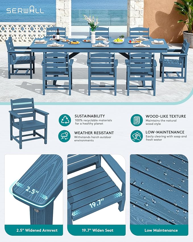SERWALL 9 Piece Outdoor Dining Set, 84" HDPE Outdoor Table and Chairs for 8，All Weather Patio Furniture Set with Umbrella Hole for Backyard, Garden, Blue