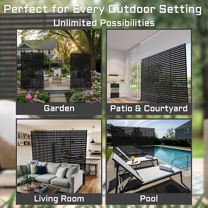 72" H Metal Outdoor Privacy Screen – Freestanding Rustproof Louvered Fence Panel for Patio, Garden, Balcony, AC Unit Cover, Trash Can, Modern Decorative Divider