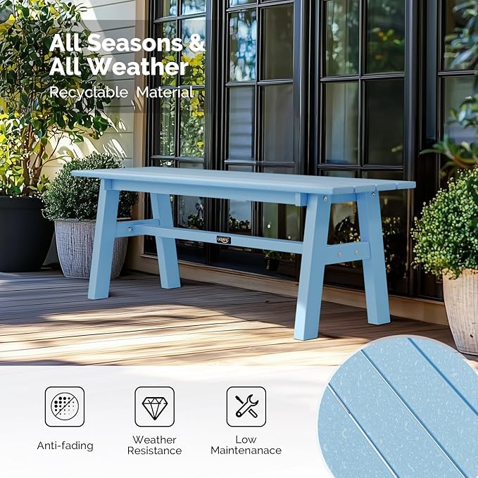 VINGLI 47” Outdoor HDPE Bench, Weatherproof Garden Bench w/Metal Legs, Poly Lumber Porch Benches, 660 LBS Capacity Outdoor Backless Patio Benches for Entryway Deck (Blue)