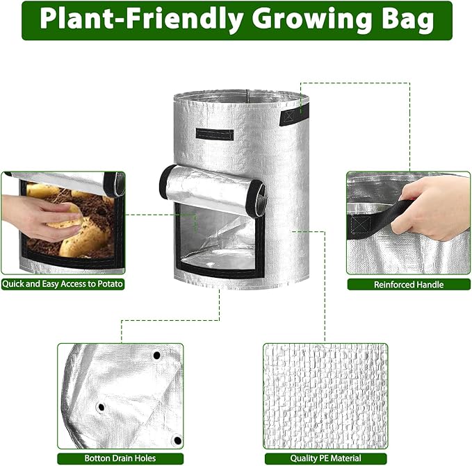 JJGoo Potato Grow Bags, 4 Pack 10 Gallon Potato Planter with Flap and Handles Planter Pots for Onion, Fruits, Tomato, Carrot - Grey
