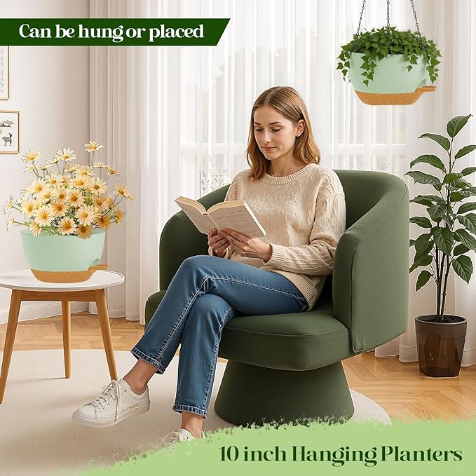 2 Pack 10 Inch Self Watering Hanging Planters for Indoor Plants, Large Green Brown Plastic Hanging Pots with Chains for Outdoor Patio Garden Home Decor (Green Brown)