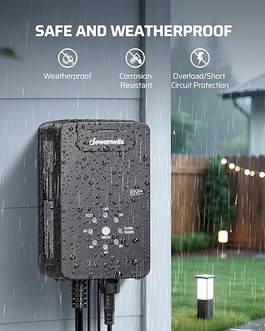 DEWENWILS 60W Low Voltage Landscape Transformer, 120V AC to 12V AC Outdoor Landscape Lighting, Dusk to Dawn Sensor & Timer, Weatherproof Low Voltage Transformer for Spotlights, Garden, Pathway