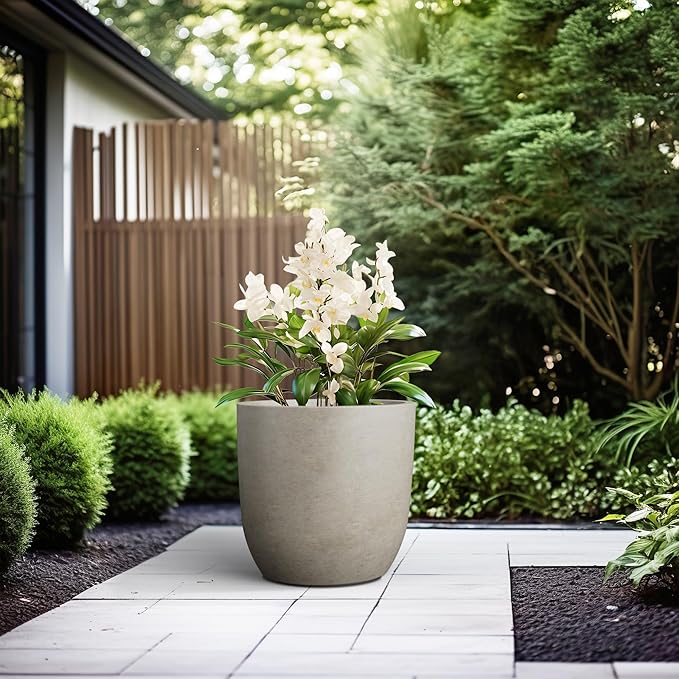 Kante 16.5" Dia Round Concrete Planter, Large Outdoor Modern Indoor Decorative Plant Pots with Drainage Hole and Rubber Plug for Home and Garden, Weathered Concrete