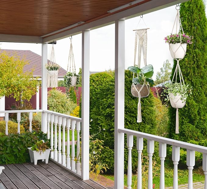Mkono Macrame Plant Hangers, 5 Pack Different Tiers Indoor Hanging Planters Basket with 5 Hooks Decorative Flower Pots Holder Stand Boho Home Decor, Ivory