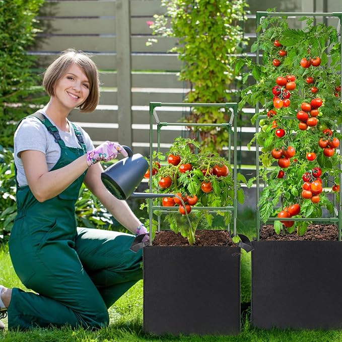 ANPHSIN 3 Sets Tomato Cages with 10 Gallon Grow Bags - 47'' Stable Plant Support Trellis Kit, Square Cages with Planter Pots for Garden Flowers Vegetables Cucumber Vertical Climbing Plants Vines