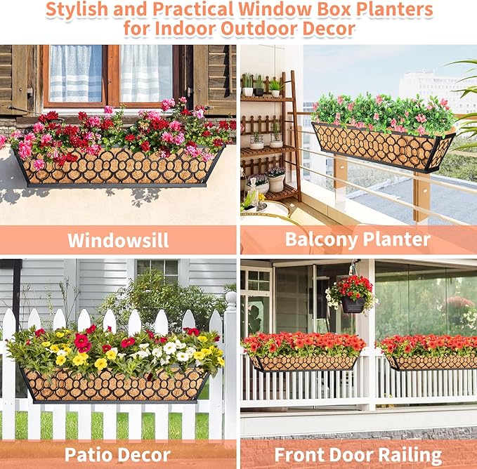 Riare 4 Pack 23 Inch Window Boxes Planters with Coco Liner, Metal Deck Railing Planter Boxes, Balcony Planters Railing Hanging, Horse Trough Window Flower Planter Boxes for Outdoor Porch Fence Patio