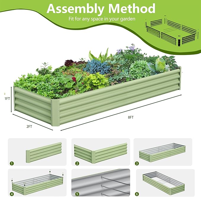 2PCS 8x2x1FT Galvanized Raised Garden Bed, Galvanized Planter Raised Garden Boxes Outdoor, Large Metal Raised Garden Beds for Vegetables-Green