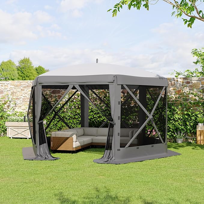 11.5x11.5FT 6-Sided Pop Up Gazebo Tent，One-Push Setup Canopy Tent with Mesh Panels & Removable Wind Cloths, Outdoor shelter for Camping, Backyard Parties, Outdoor Events - Grey