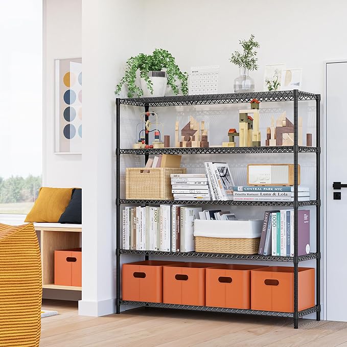 3500LBS 59" W 5 Tiers Storage Shelves, Metal Shelving Wire Metal Shelving Unit Shelves for Storage Adjustable Garage Shelving for Pantry Kitchen Garage Black 17.7" D x 59.1" W x 70.4" H