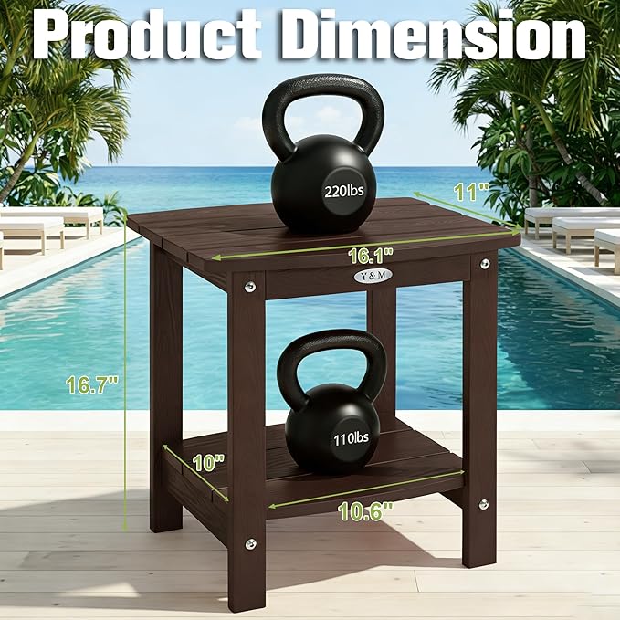 Y&M Outdoor Side Table, HIPS Adirondack Small Double Layer Table, Waterproof Square Outside Table, Balcony End Tables for Patio, Pool, Porch, Deck, Indoor or Outdoor Use, Coffee