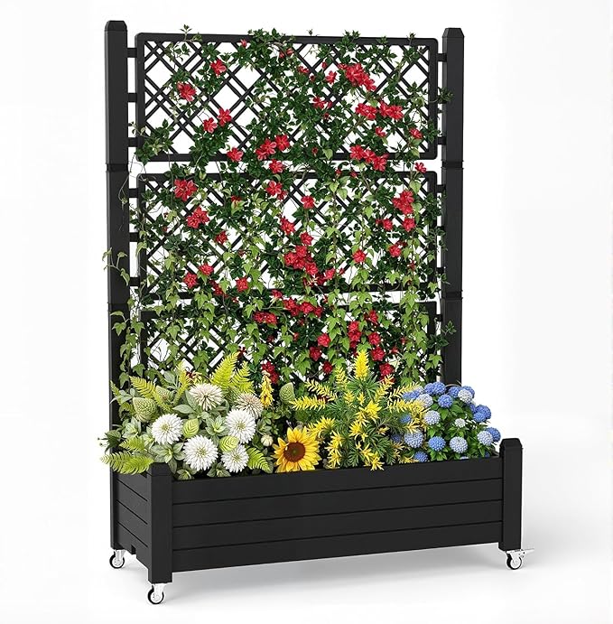 EasyUp Rolling Garden Planter Box with Trellis & Lockable Casters, Outdoor Raised Bed with Drainage & Water Gauge, Durable Resin for Patio, Balcony, Yard, Dust-Proof (Black, 43.43 * 18.27 * 64.29)