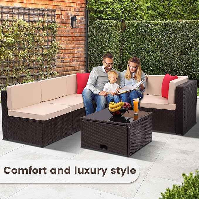 8-Piece Patio Furniture Set, Outdoor Wicker Rattan Sectional with Thick Cushions, Glass Top Table with Hidden Storage, Outdoor Conversation Set for Backyard, Porch, Patio, Beige
