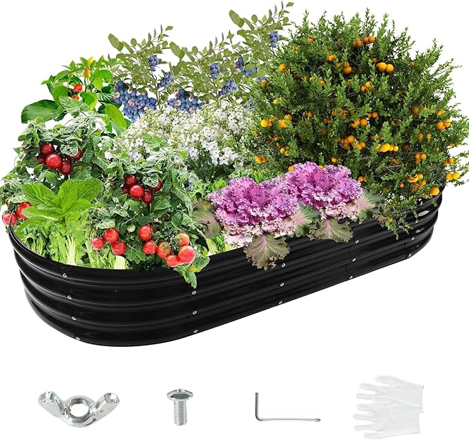 6X3X1 FT Oval Galvanized Metal Garden Raised Bed/Plant Box for Planting,36 Inches Diameter Iron Fire Pit Ring,Small Animal Fence-3 in 1 Modular Design in Black (Black, 72X36X11.5 Inches)