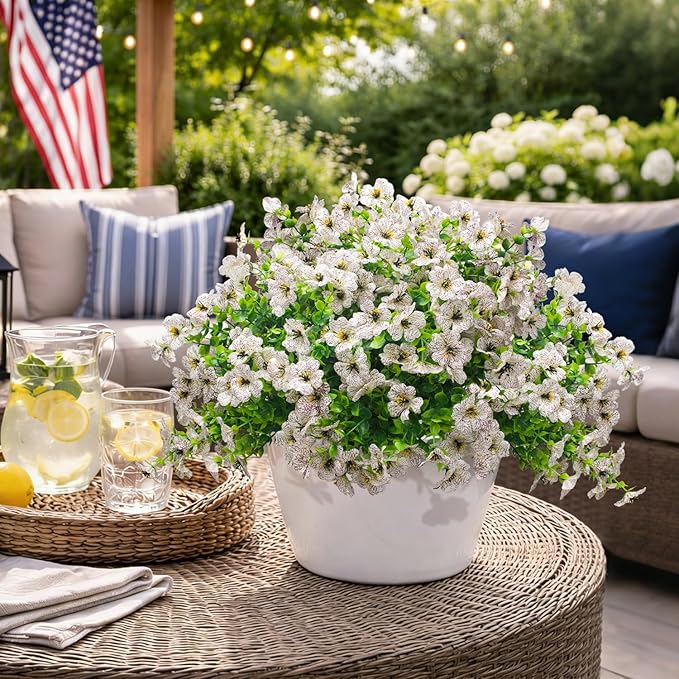 20 Bundles Artificial Flowers for Outdoors, UV Resistant Fake Plants Flowers Greenery Shrubs Plants for Decoration Outside Plants Hanging Planter Home Garden Decor (White)