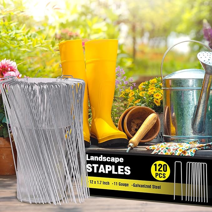 HongWay 120 Pack 12 Inch Landscape Staples, Garden Stakes 11 Gauge Galvanized Ground Staples Lawn Yard Tent Fence Stakes Landscaping Fabric Pins for Gardening Secure Outdoor Decorations