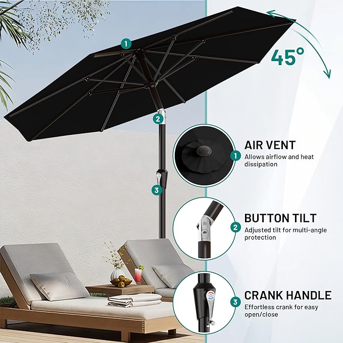 AreShark 9 FT Patio Umbrella for Outdoor, Outdoor Table Umbrella with Push Button Tilt and Crank, Outdoor Patio Umbrellas with 8 Sturdy Ribs for Market, Garden, Pool (Black)