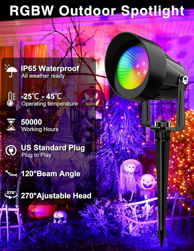 Spot Lights Outdoor, Smart RGBW LED Color Changing Landscape Lighting with APP and Remote Control, Music Mode, DIY Scenes, Timing, IP65 Waterproof Spotlight Plug in for Yard Garden, 4 Pack