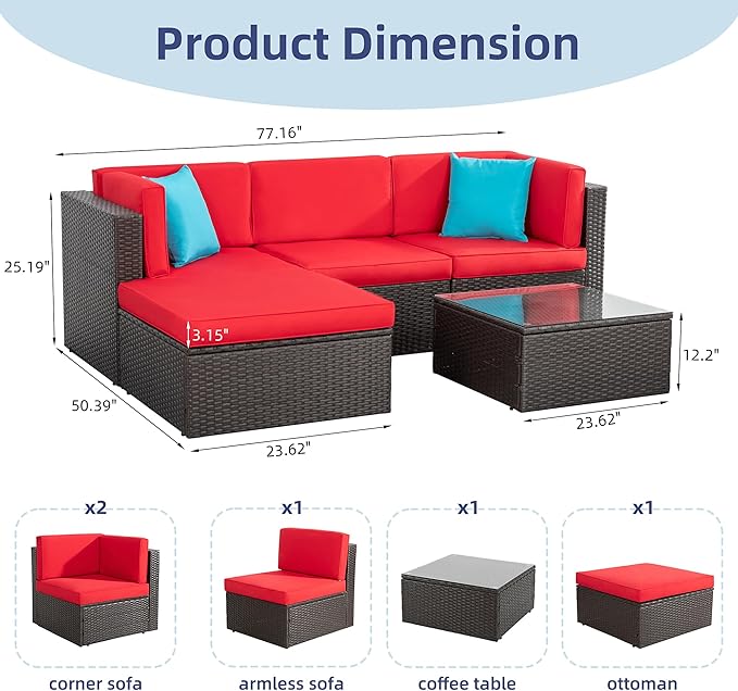 Vongrasig 5 Pieces Small Patio Furniture Sets, All-Weather Outdoor Sectional Patio Sofa Wicker Rattan Patio Seating Sofas with Cushion and Glass Table (Red)