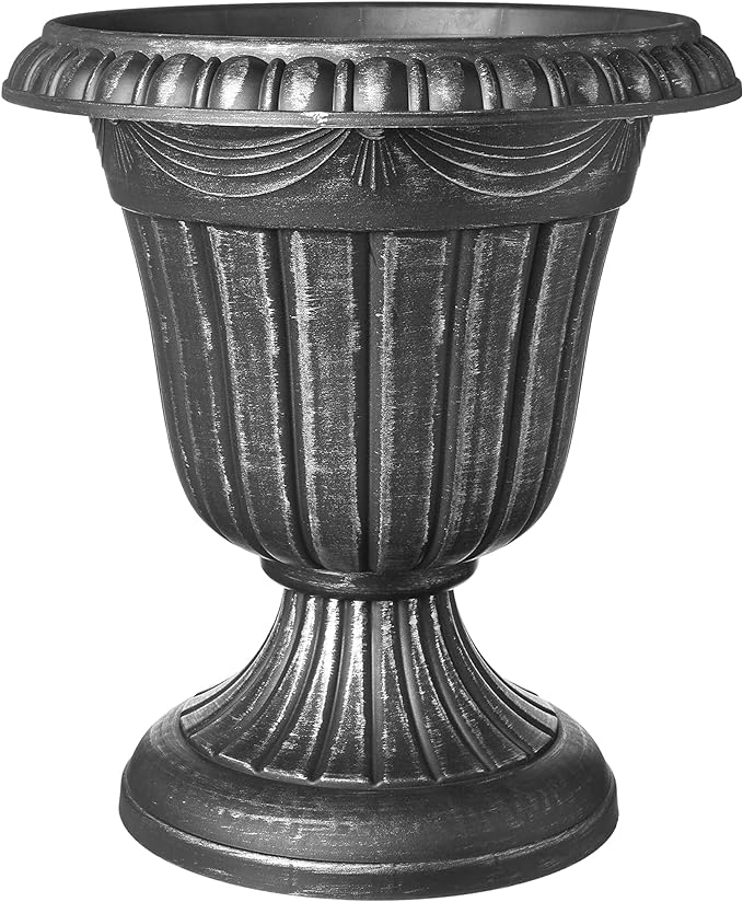 Arcadia Garden Products PL10SL Classic Traditional Plastic Urn Planter Indoor/Outdoor, 15" x 13", Brushed Silver