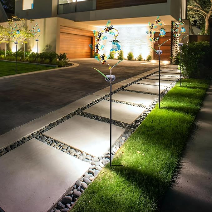 Bshine Solar Flower Outdoor Waterproof Bee Lights, Valentine's Day Garden Decorative Metal Stake Bee Hanging Flower, Yard Decorations Outdoor Patio, Courtyard, Pathway and Lawn Ornaments