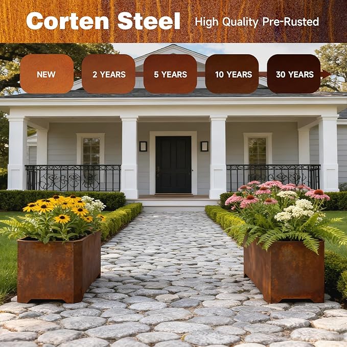 Corten Steel Planter Box-32"x15"x15"-Large Rectangular Planters For Outdoor Plants, Heavy Duty Rustic Tall Planter With Raised Support Feet For Patio, Deck, Garden, Yard, Drain Holes, Easy Assembly