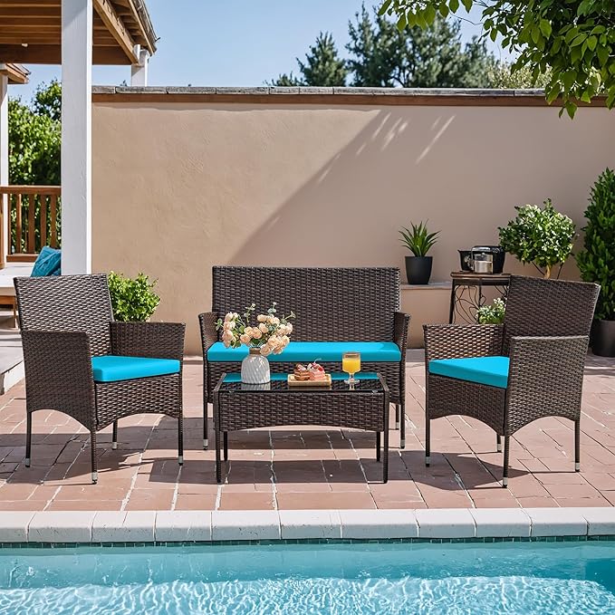 Homall 4 Pieces Patio Rattan Chair Wicker, Outdoor Indoor Use Backyard Porch Garden Poolside Balcony Furniture Sets (Blue)