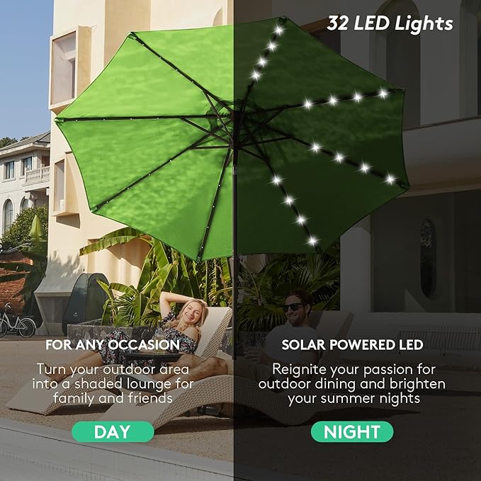 JEAREY 9FT Outdoor Patio Umbrella with Solar Lights, LED Lighted Pool Umbrella with Tilt and Crank, Outdoor Table Umbrellas for Deck, Yard & Market (Grass Green)