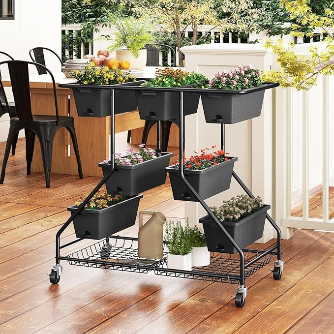 Giantex Rolling Raised Garden Bed w/ 7 Planter Boxes, Storage Baskets, Drainage Holes, 4 Lockable Casters, 3-Tier Freestanding Elevated Planter for Strawberry Vegetable Flower Herb