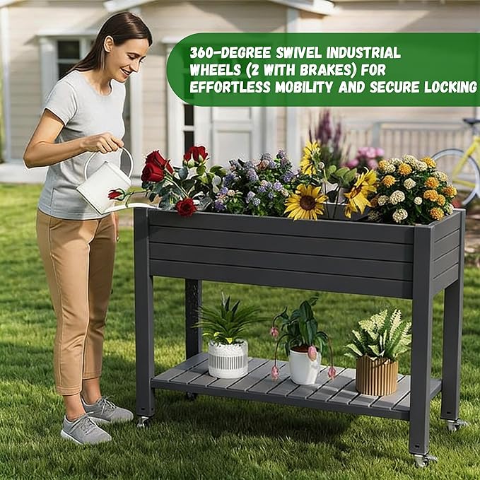 Elevated Raised Garden Bed with Legs, 33.66" Tall Self-Watering Resin Outdoor Planter Box with Storage Shelf, Drain Plug Water & Monitor for Plants Vegetables Flowers Fruits (Black)
