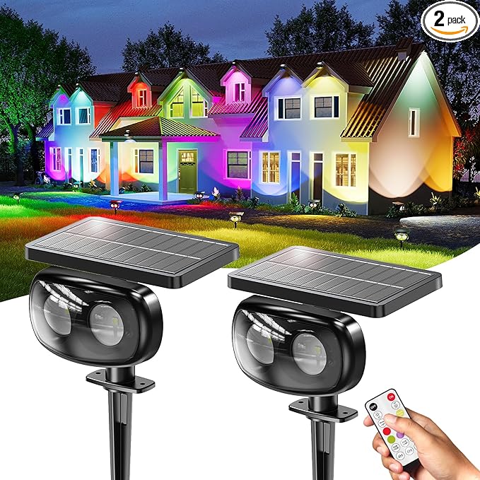 Solar Spot Lights Outdoor Waterproof IP68, RGB Colors Changing Solar Lights with 4 Lighting Modes, Solar Powered Lights Outdoor for Garden Yard Outside Landscape (2Pack)