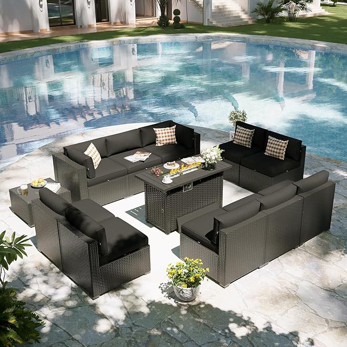 Aoxun Patio Furniture Set with Fire Pit Table, 12 Piece Outdoor Sectional Sofas, 10 Seats Wicker Rattan Outdoor Furniture with Thickened Cushion for Backyard, Garden Black