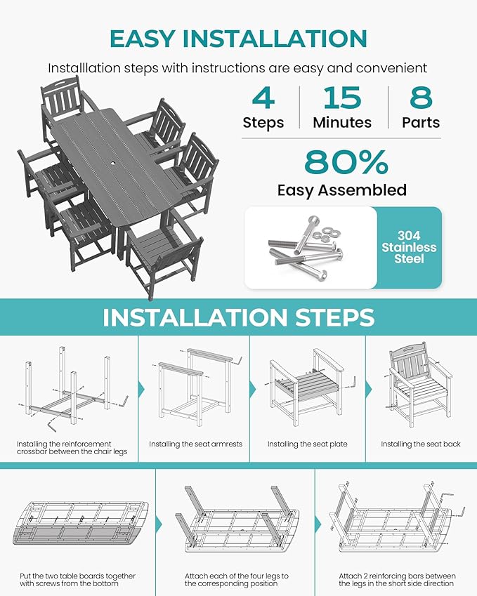 Outdoor Rectangle Dining Table, Heavy-Duty HDPE Table for 6, Weatherproof Patio Table with Umbrella Hole, Rounded Corners for Safety, Grey