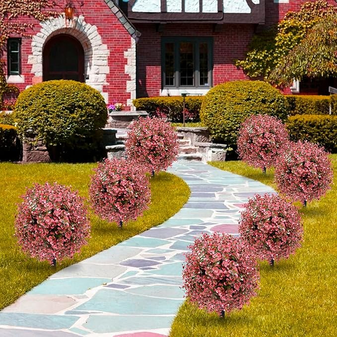 Artificial Topiary Bushes for Outdoors with Spike, Boxwood Ball Fake Shrubs UV Resistant Faux Plants for Indoor Outdoor Fall Thanksgiving Halloween Decor (Red Eucalyptus)