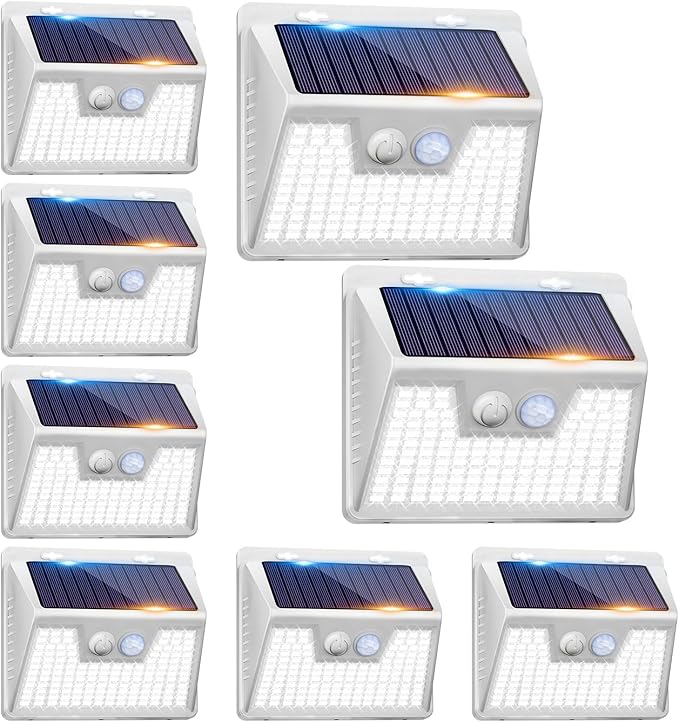 Peasur White Solar Lights Outdoor Waterproof, 8 Pack 140LED Bright Motion Sensor Security Lights 3 Modes, Solar Powered Fence Wall Light for Garden Yard Outside