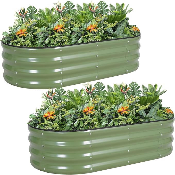 G GOOD GAIN Galvanized Metal Raised Garden Bed Kit - 4x2x1FT Outdoor Planter Box with Safety Edging and Gloves for Vegetables, Fruits, Flowers(OliveGreen, 2PC)