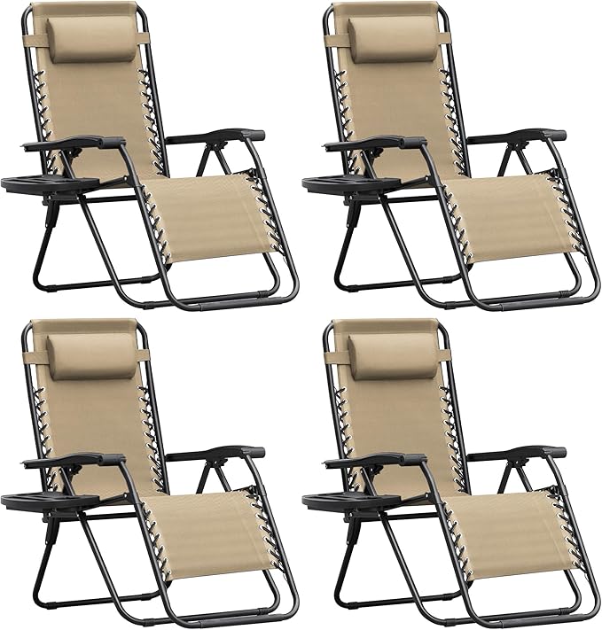 Homall Zero Gravity Chair Patio Folding Lawn Outdoor Lounge Gravity Camp Reclining Lounge Chair with Cup Holder Pillows for Poolside Backyard and Beach Set of 4 (Beige)