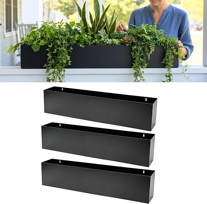 LaLaGreen Wall Planters for Outdoor Plants (36 Inch, 3 Pack) Carbon Steel Black Metal Hanging Flower Pot for Succulents, Wall Mount Rectangular Long Window Sill Box Balcony Fence Garden Deck Decor