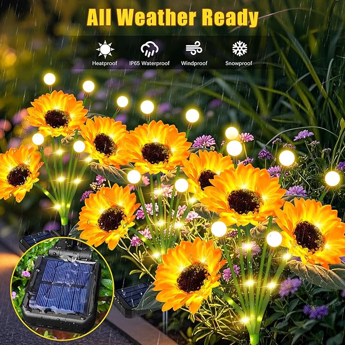 Solar Lights Outdoor Garden Decor,4 Pack Sunflower with Firefly Lights,Solar Flowers Lights Waterproof,Birthday Gifts for Mom Women Grandma,Outside Decorative Garden Stakes for Yard Patio Porch Lawn