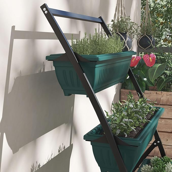 Outsunny Raised Garden Bed, 4 Tier Vertical Garden Planter Set, 4 Outdoor Planter Boxes with Stand, Self Draining Design Elevated Garden for Vegetable, Flowers & Herbs, Green