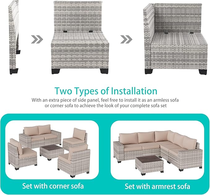 13-Piece Outdoor Patio Furniture Set with 55,000 BTU Fire Pit Table, PE Wicker Rattan Sectional Sofa Patio Conversation Set with Thickened Cushions & Coffee Table, Beige