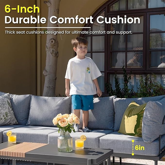 Sundale Outdoor 9 Pieces Patio Furniture Set, U-Shaped Outdoor Sectional Sofa with 6 Inch Olefin Cushion and Coffee Table, Modern Metal Outdoor Conversation Sets for Backyard, Poolside, Sunroom