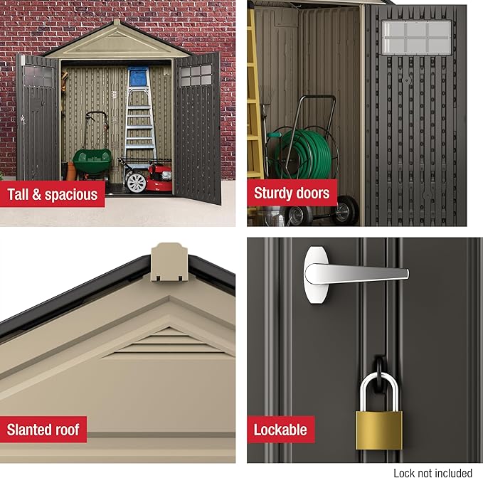 Rubbermaid Resin Outdoor Storage Shed With Floor (7 x 3.5 Ft) Weather Resistant, Brown Gable, Organization for Home/Backyard/Garden Tools/Lawn Mower/Bike Storage/Pool Supplies
