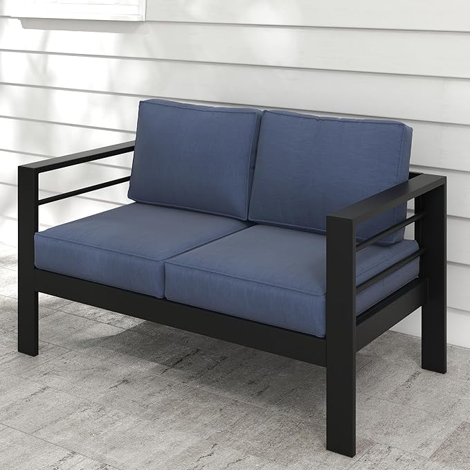 Kiss the Water Outdoor Patio Furniture Loveseat Sofa, All-Weather Metal Aluminum Patio Couch with 5" Thick and Soft Cushion and Wide Arm, Outdoor Couch for Balcony, Porch, Backyard