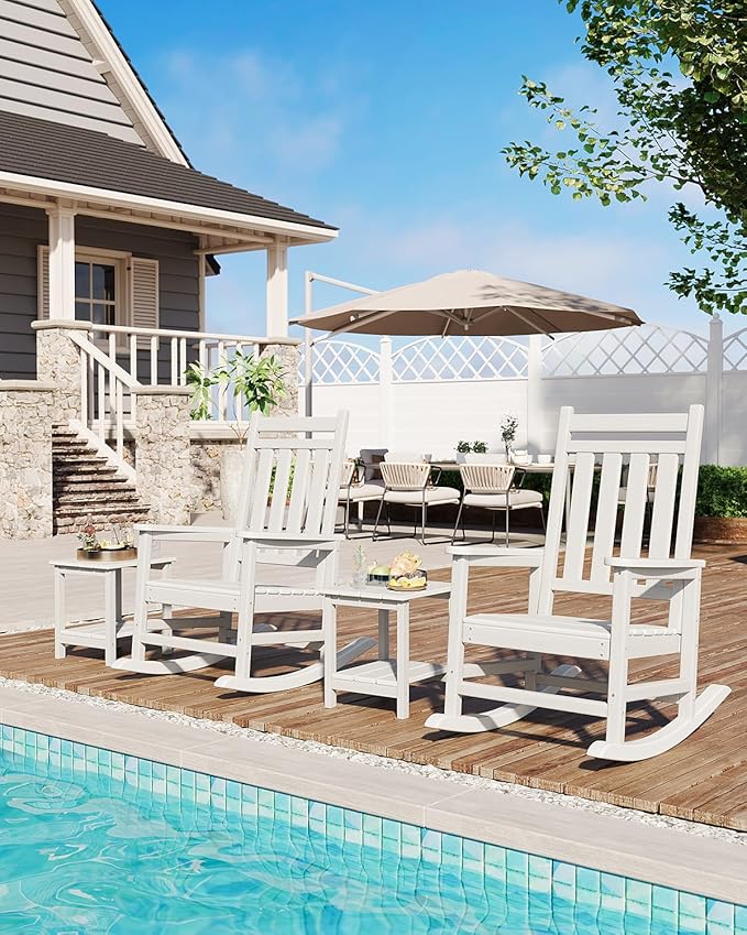 GarveeLife Poly Lumber Rocking Chair Outdoor Set of 4 with 2 Side Table - HDPE High Back Porch Rocker Chairs for Adults - All Weather Resistant Furniture for Patio - White