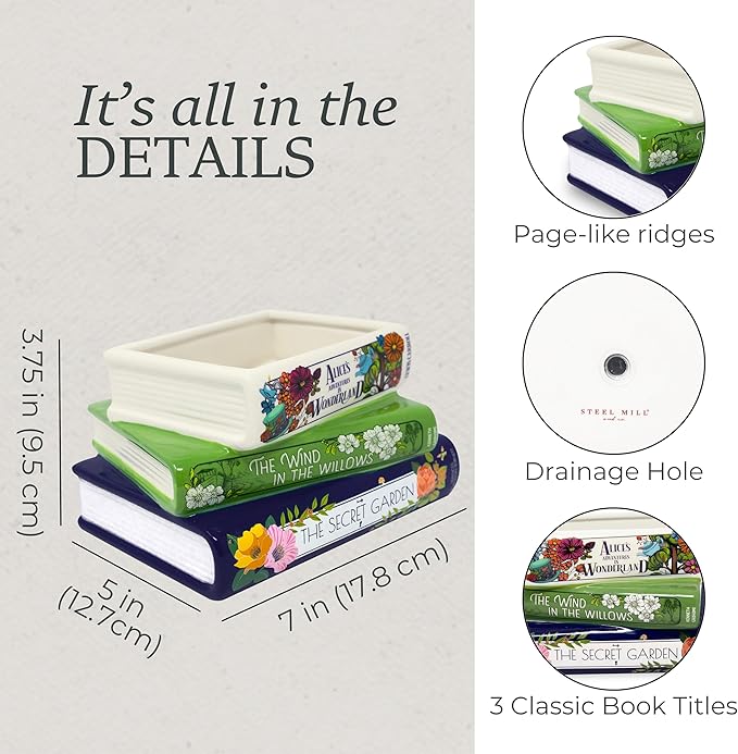 Steel Mill & Co Original Small Book-Shaped Decorative Planter, Ceramic Planter for Home Decor, Cute Bookshelf Accent, Unique Planter for Book Lovers, Alice/Wind in the Willows/Secret Garden